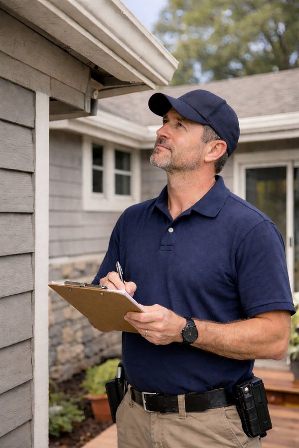 Home inspector examining building exterior with clipboard — Before The Keys